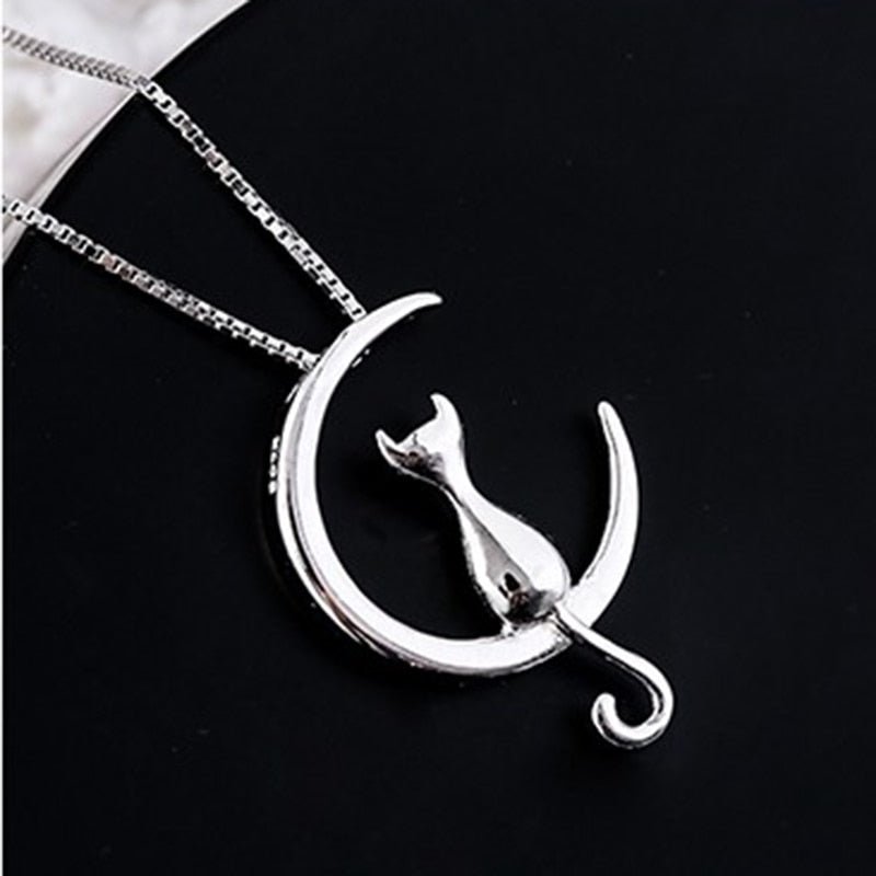 Crescent and cat elegant cat necklace