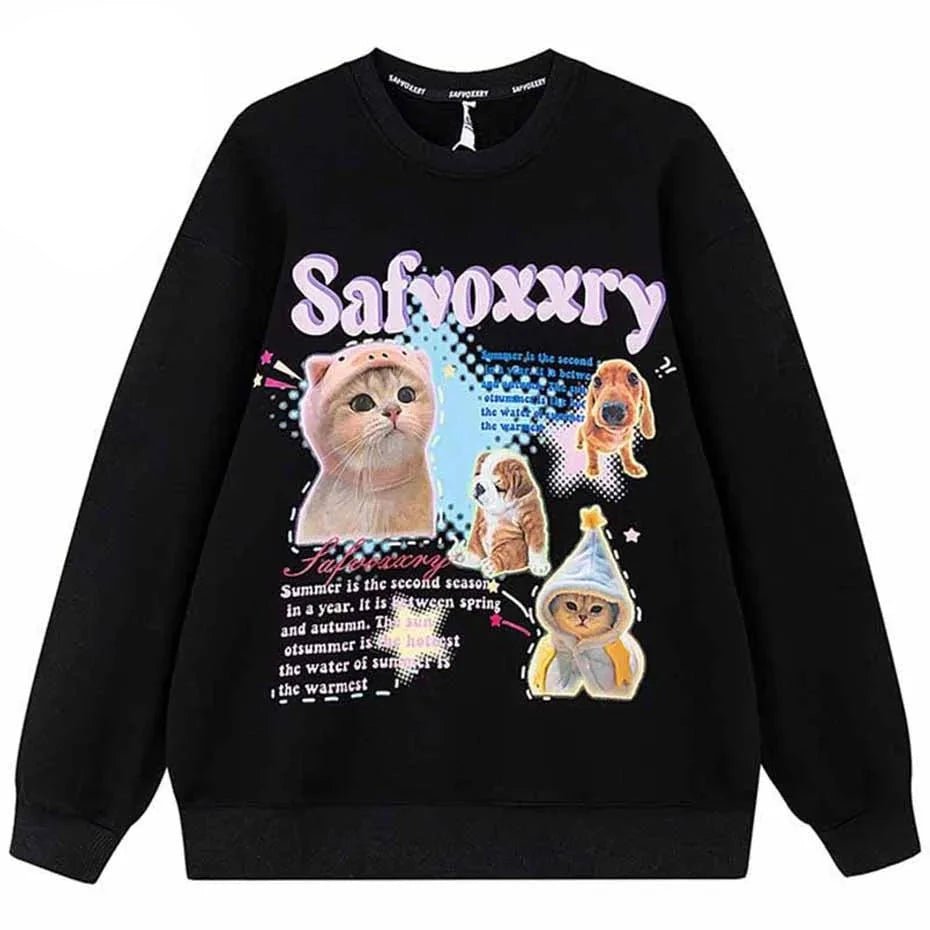 Cute Retro Sweatshirt with dog and cat graphics against a starry backdrop.