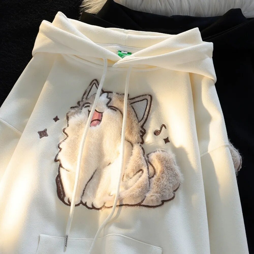Playful Cat Graphic Embroidered Text Hoodie
