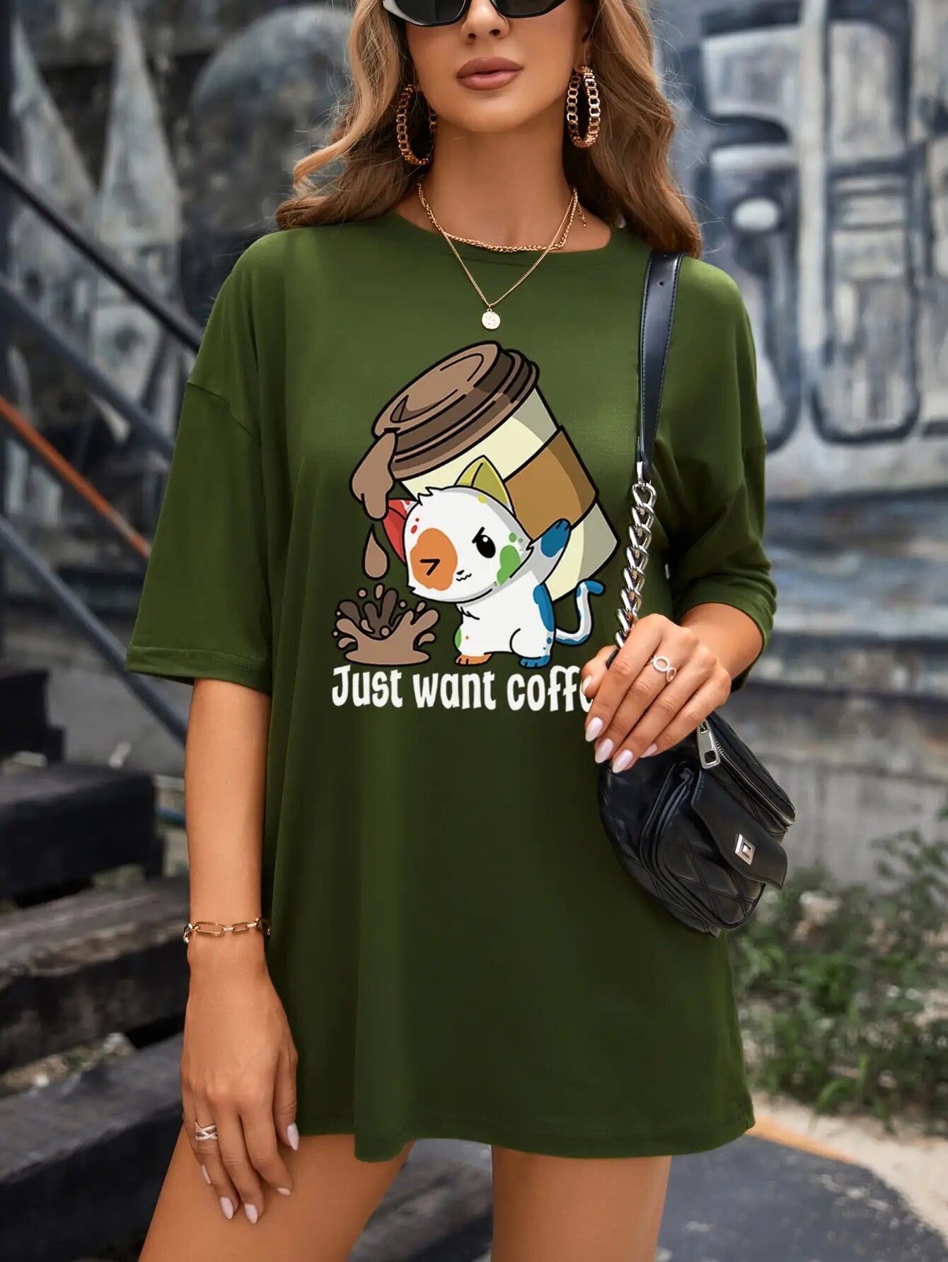 Dark green funny cat t shirt with "Just Want Coffee" tagline