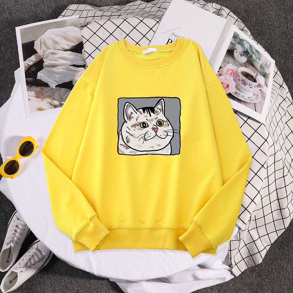 a yellow cat pattern sweater with dazed cat meme picture