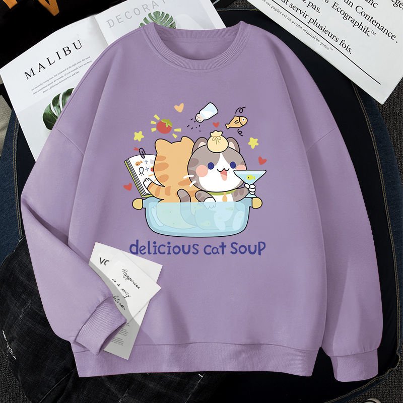a purple cat sweaters for humans with cats in a pot design