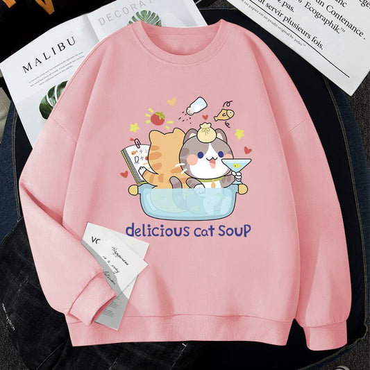 a pink cat themed sweatshirts with 2 cats in a pot design