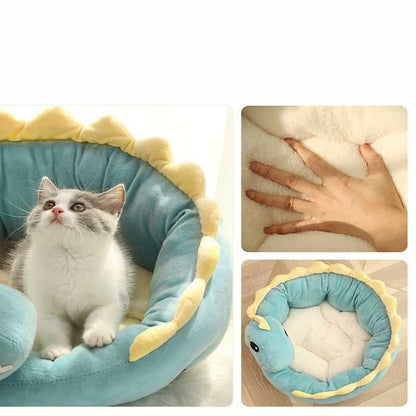 funny dinosaur style cat bed made from fleece material that is comfortable and gives a calming effect