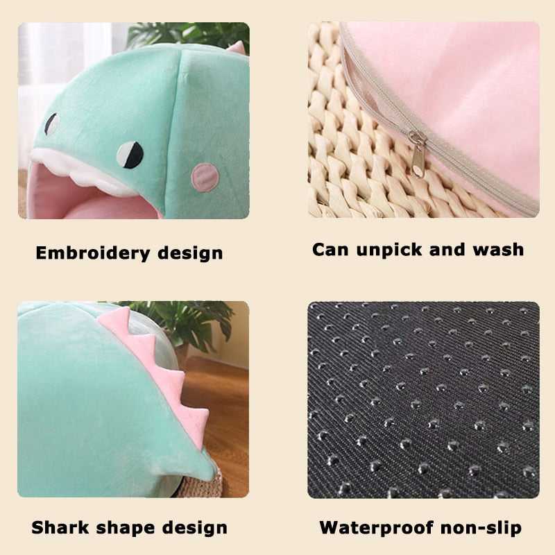 multiple color cat bed with dinosaur designs that looks unique and funtional