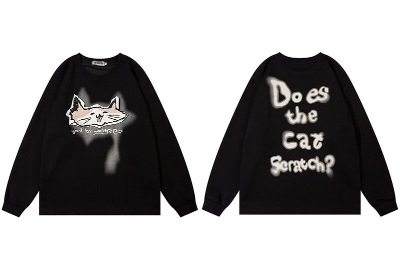 Sweatshirt with water-blotted ink inscription and minimalist cat graphic