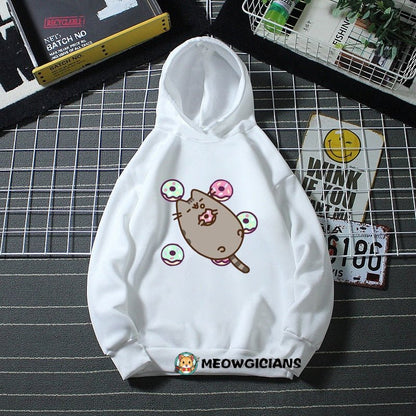 white color kitty hoodie with pusheen cat cartoon design