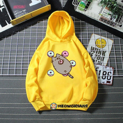yellow color cat hoodie made for kids  featuring a pusheen cat that looks kawaii