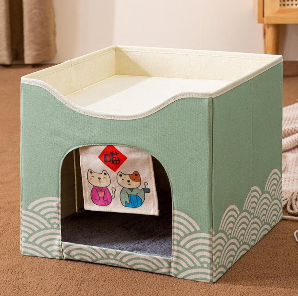 cat house in sage green color with a cave and a bed on top made for cats and kittens