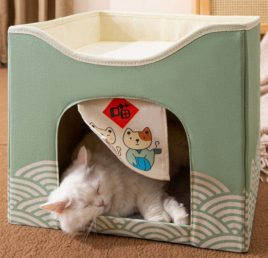 green color cat bed with enclosed space that looks kawaii in japanese design with fleece on top