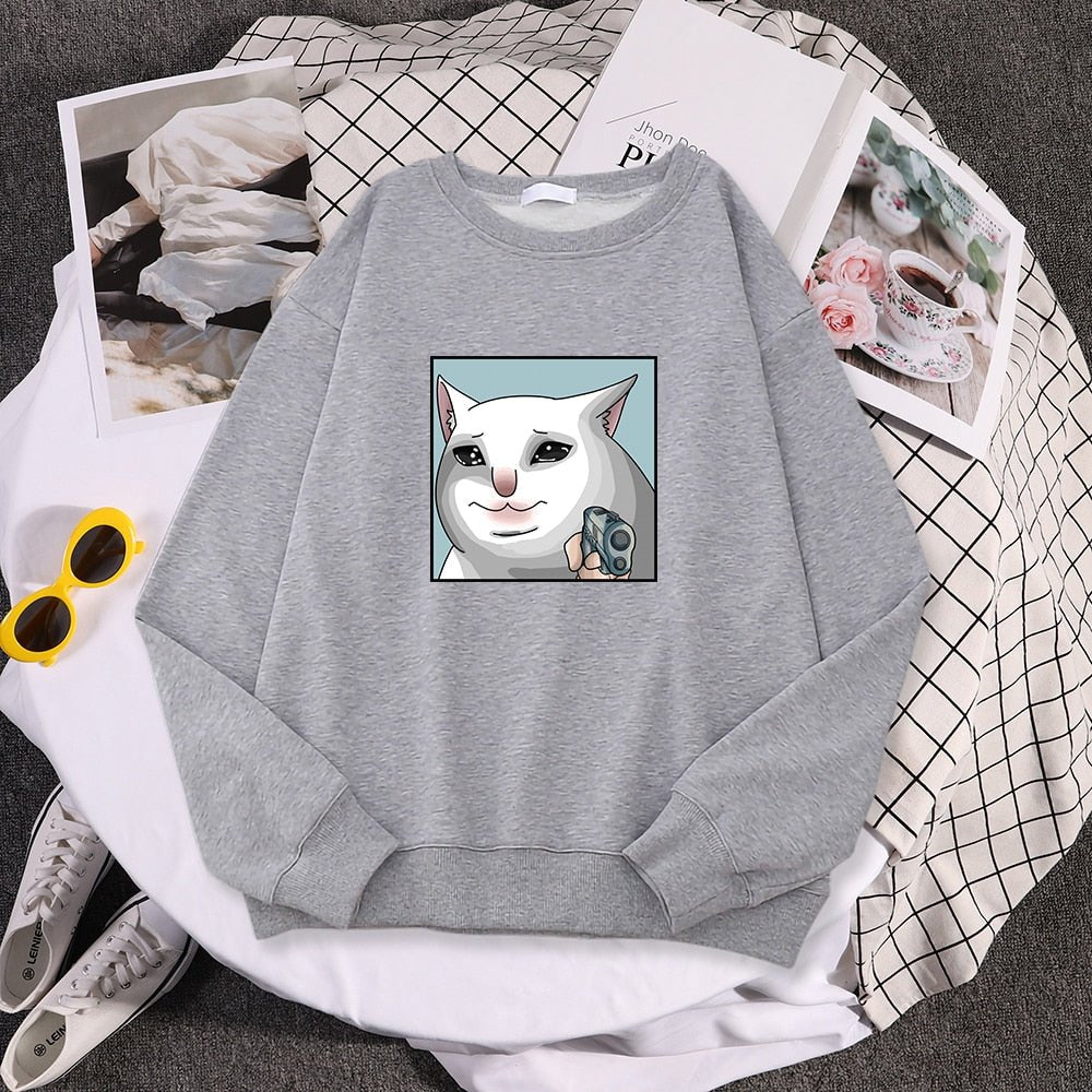 a gray womens cat sweatshirt with dramatic cat