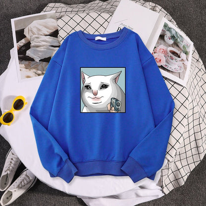 a blue womens cat sweatshirt with dramatic cat