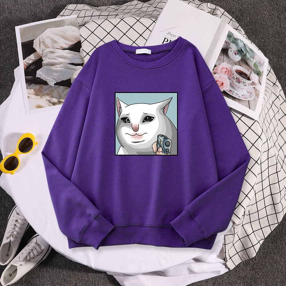 a purple cat sweater for woman with a dramatic cat picture