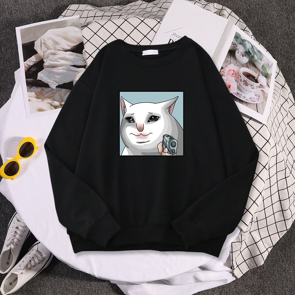 a black color cat sweatshirt women featuring dramatic cat