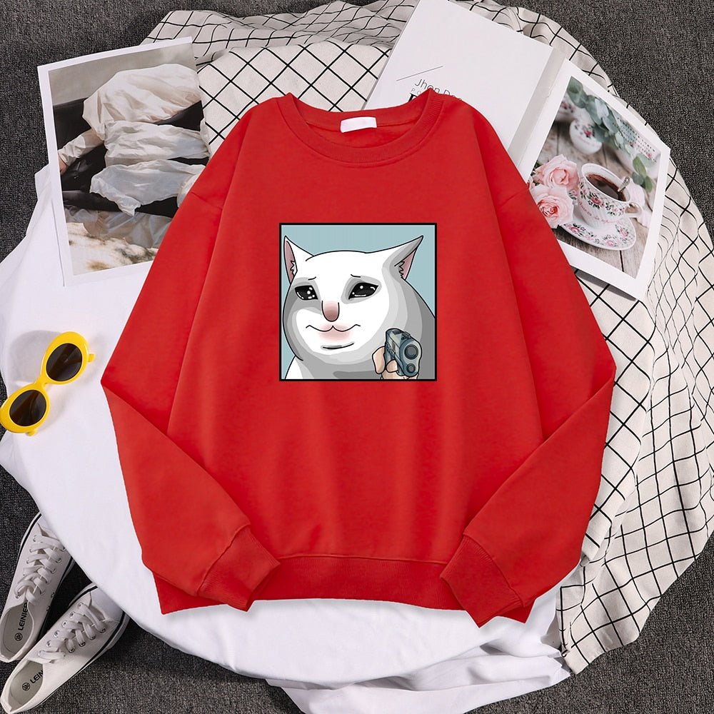 a red cute cat sweaters for women featuring a dramatic cat