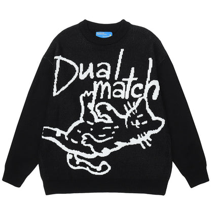 a black color cat embroidered sweatshirt with the word dual match