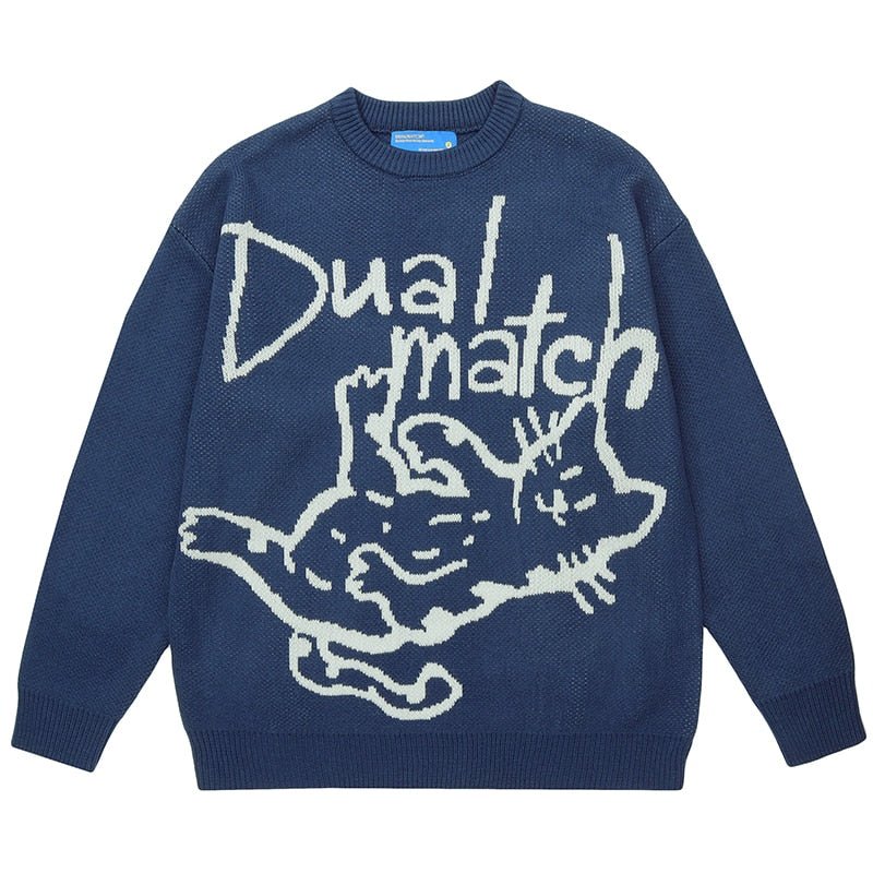 a blue color sweatshirt with cats on them saying dual match