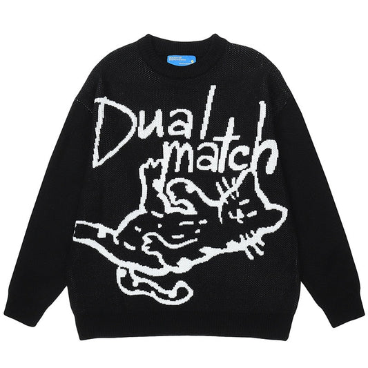 a black color cat themed sweatshirt with the word dual match