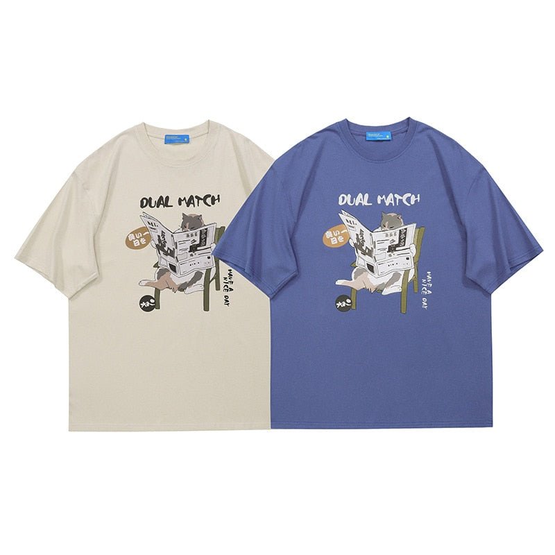 trendy premium harajuku inspired cat t shirts in off white and blue colors