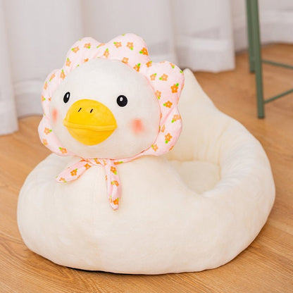 cat bed with unique design of a duck wearing a pink veil that looks adorable