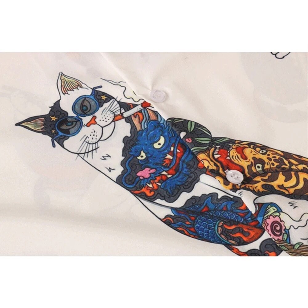 Gangster cat with sunglasses smoking on polyester shirt