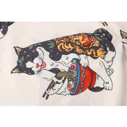 Close-up of the intricate yakuza cat tattoo design on shirt