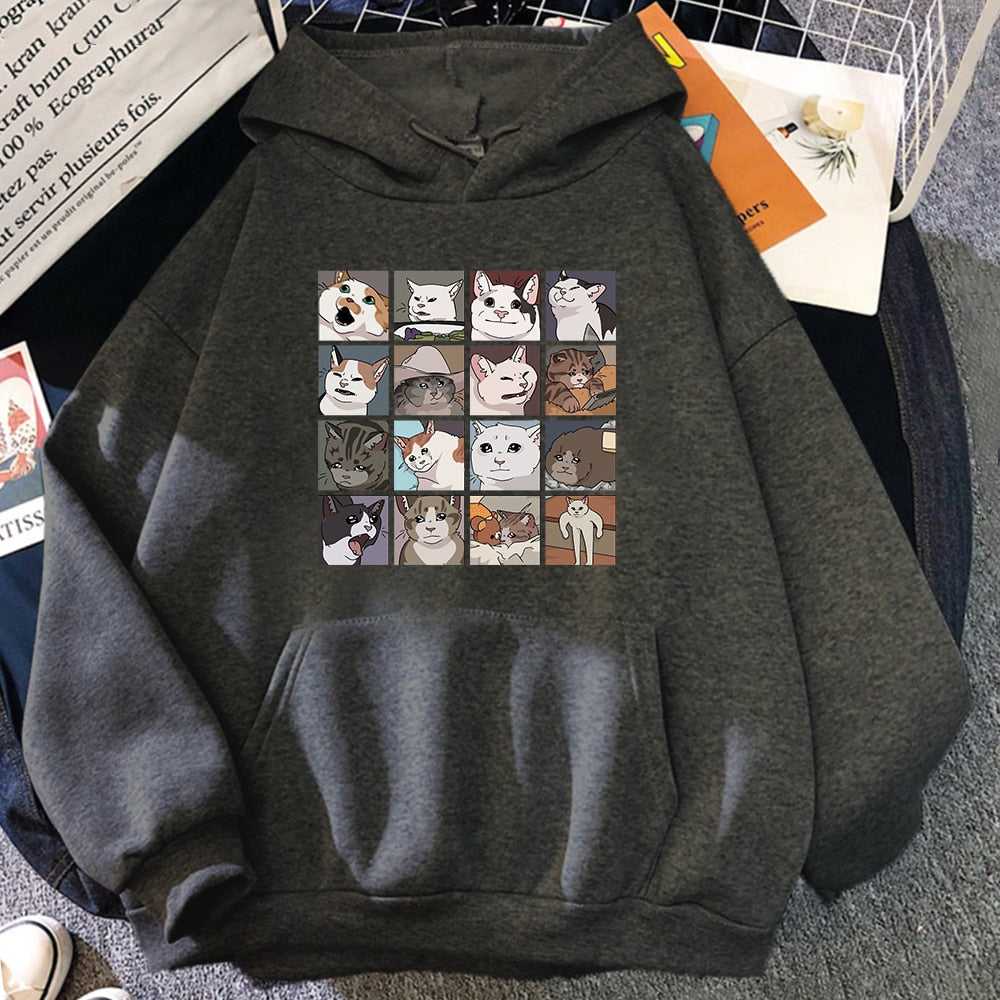 dark gray color mens hoodie for cat lover printed with 16 funny and viral cat memes