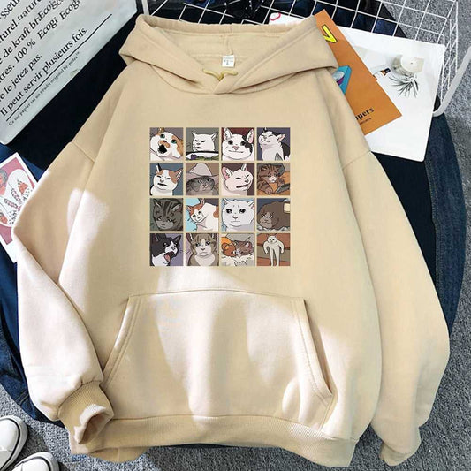 beige color hoodie printed with 16 different viral and funny cartoon cat memes that making people laugh