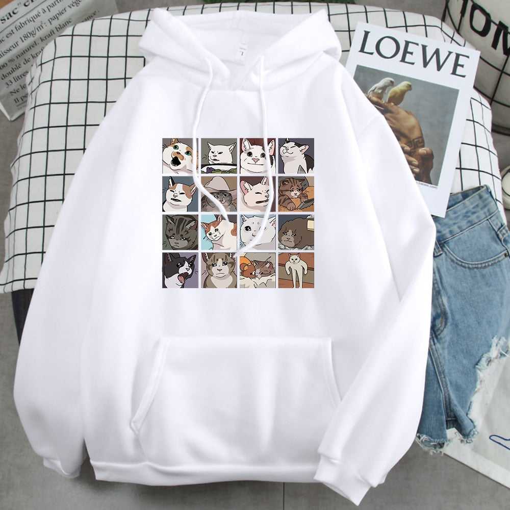 white color cartoon hoodie printed with sixteen funny cat memes