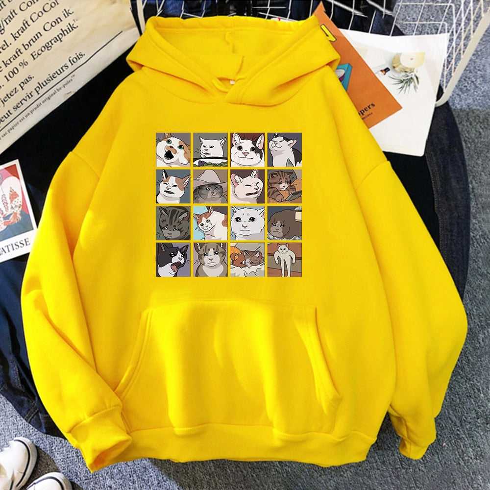 yellow color adorable hoodie featuring a set of viral and funny cartoon cat memes
