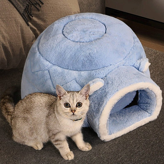 baby blue color cat bed with enclosed igloo design which gives the feeling of a cat can sleep in a cave