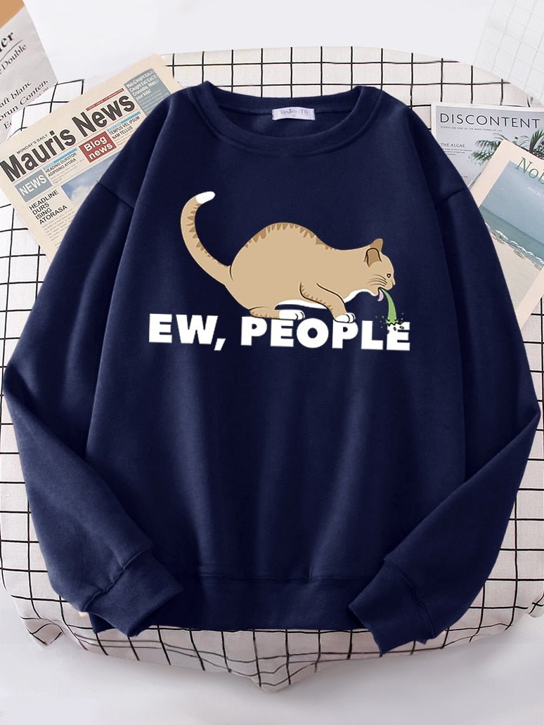 a navy blue cat sweaters for humans with picture of a cat puking