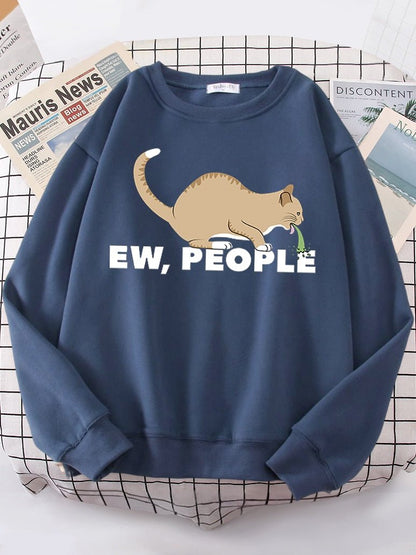 a navy blue cat lover sweatshirt with picture of a cat vomit