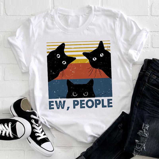 Funny Cat T-Shirt with 'Ew, People!' slogan and peeping black cats