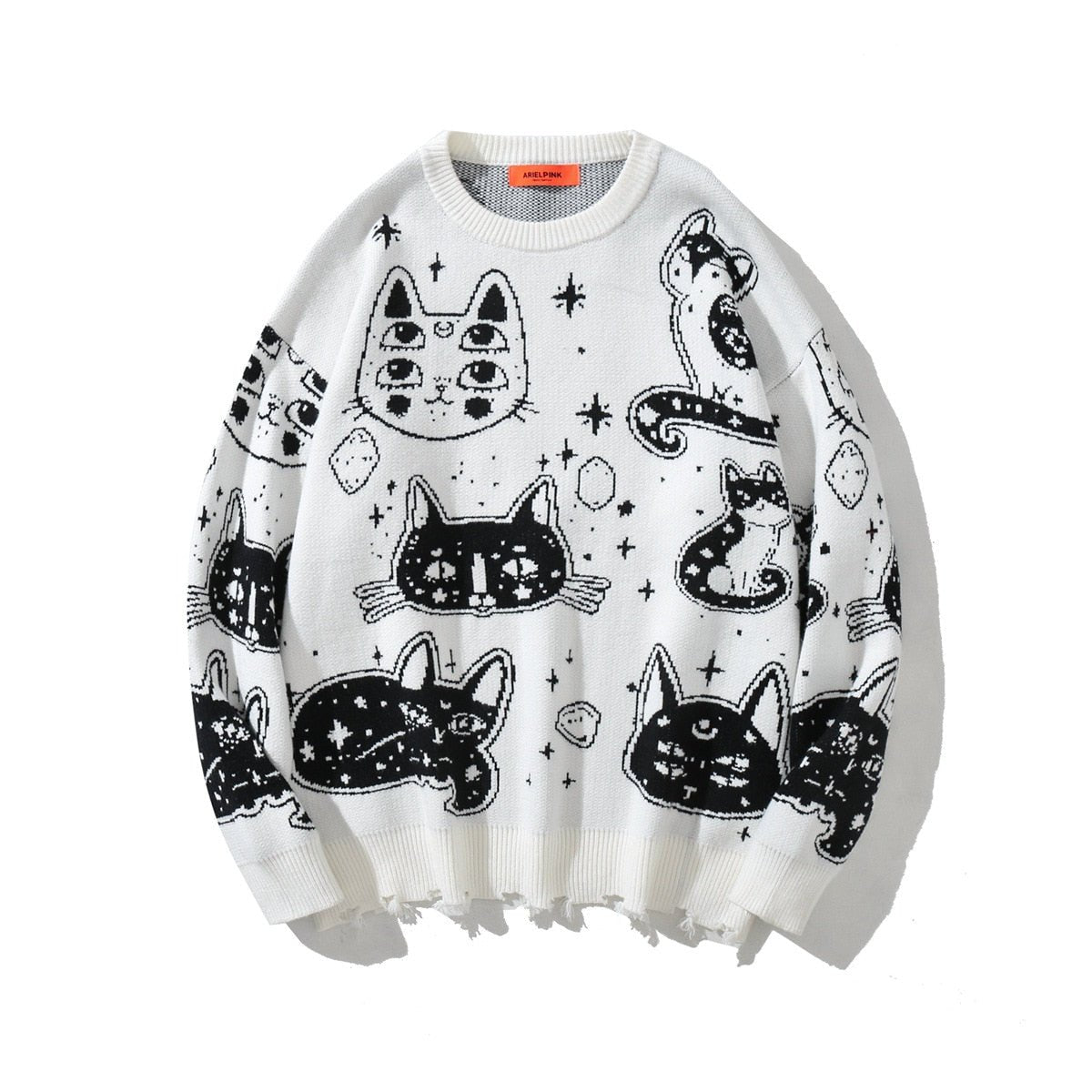 white color cute sweaters with many cat cartoon design