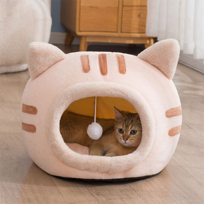 pink color cat bed which give warms effect with fluffy materials