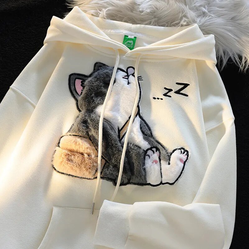 Apricot hoodie with a white-gray sleeping cat using a crossbody bag design