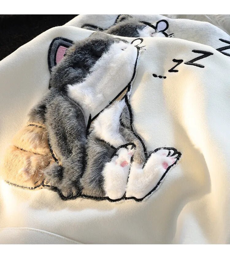 Close-up of fuzzy detail on Sleeping Cat Hoodie design
