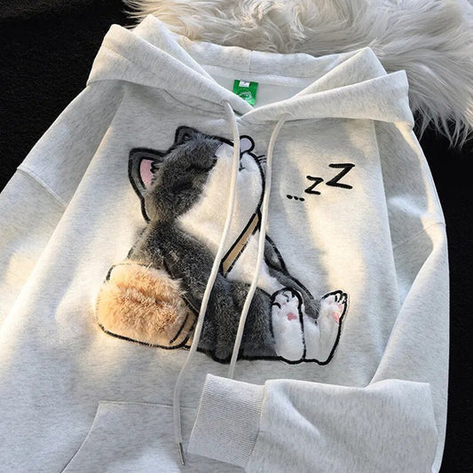 Cute white-gray sleeping cat design on gray hoodie