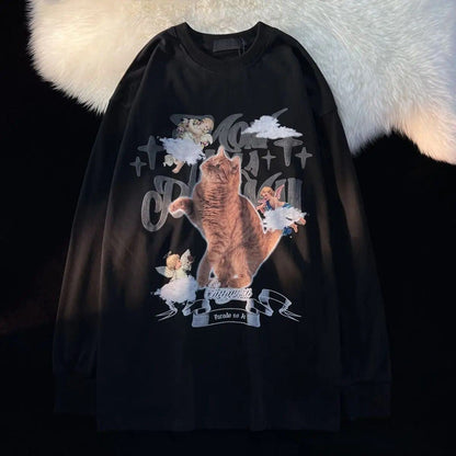 Heavenly design of tabby cat amidst clouds and angels on sweatshirt