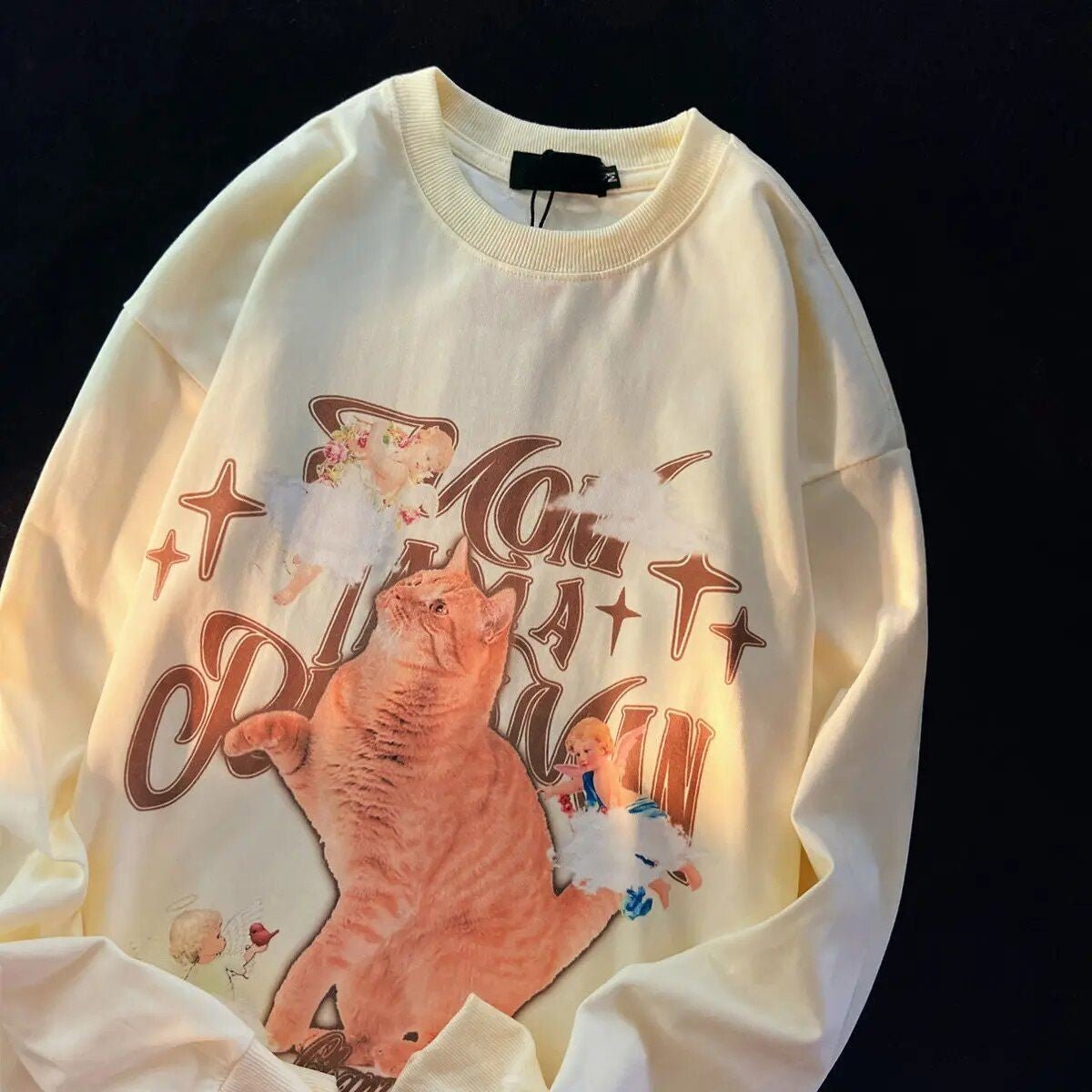 Meowgicians Flying in The Clouds Vintage Sweatshirt for Every Tabby Lover Black M