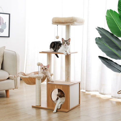 multiple level modern cat tree with enclosed space