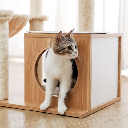 an enclosed space for cat from a modern cat tree tower