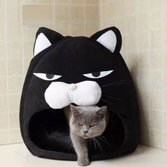cat bed featuring an angry black cat design that looks hilarious and cute