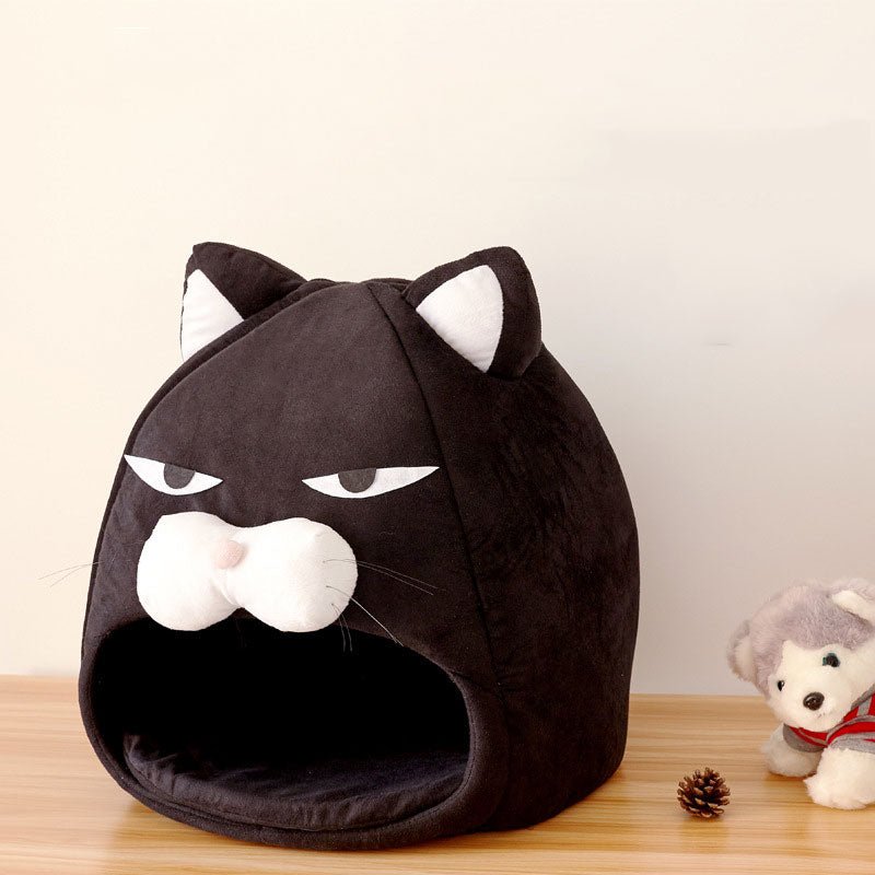 funny looking cat bed with a cave design featuring a black angry cat design