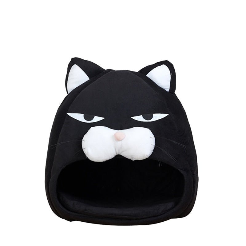 cat bed that looks funny with the design of an angry black cat