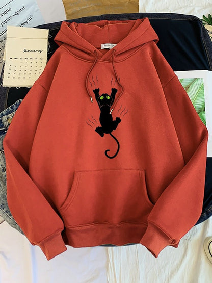 brick red hoodie made from cotton with a picture of a black cat on it