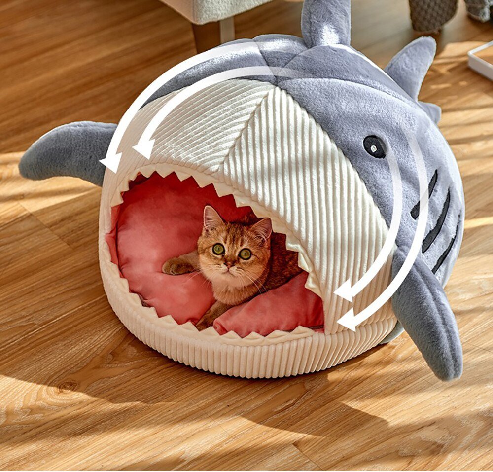 kawaii looking cat bed that with shark design made from soft material