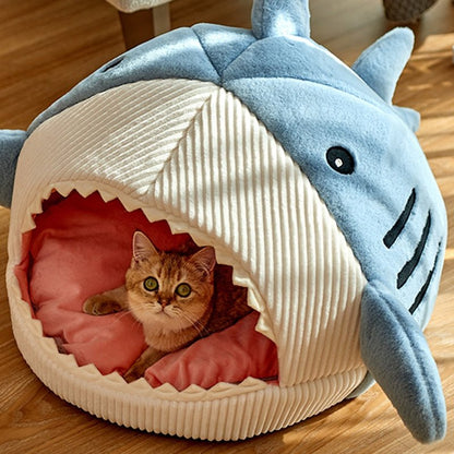 cat sitting in an enclosed space from a shark style bed for pets
