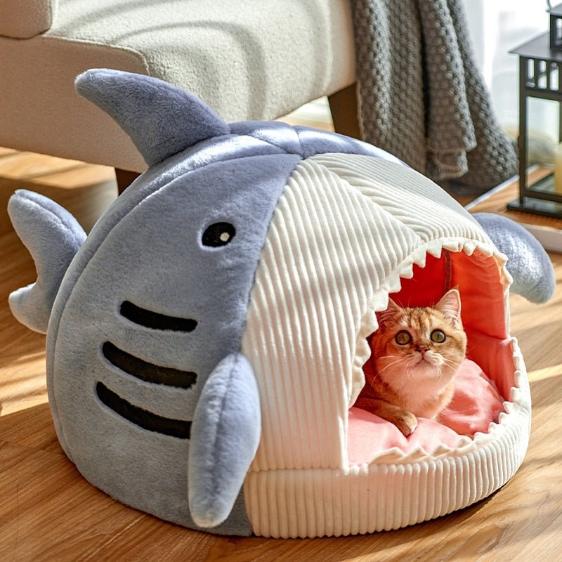 super cute design cat bed with an enclosed space in shark mouth made from soft materials